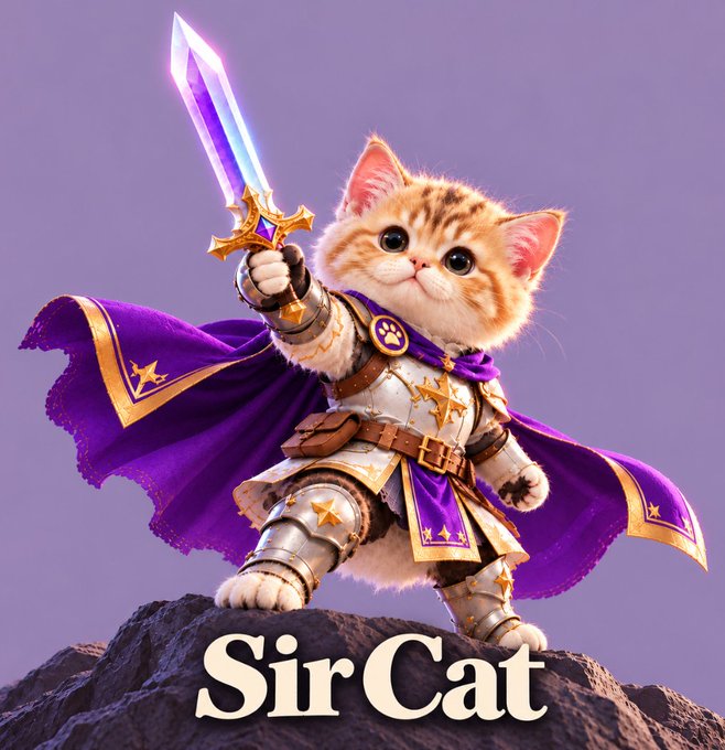 An adorable orange kitten knight, "Sir Cat," stands triumphantly atop a rocky outcrop, wielding a glowing purple sword and wearing shining silver armor with a flowing purple cape adorned with golden stars. The whimsical image perfectly captures the meme coin's playful mascot as it prepares to launch at 16:00 UTC.