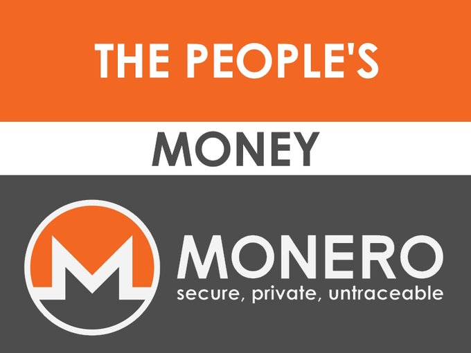 A graphic for Monero cryptocurrency featuring orange and grey sections, displaying the Monero 'M' logo and the text 'THE PEOPLE'S MONEY' and 'secure, private, untraceable'.