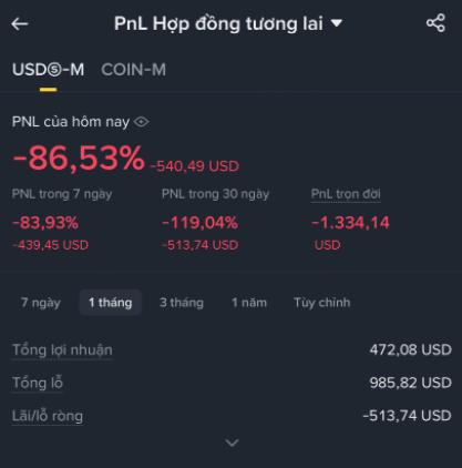 Mobile screenshot of a Binance futures PnL dashboard in Vietnamese showing USDⓈ-M COIN-M with today's PnL at -86.53% / -540.49 USD, 30-day PnL at -119.04%, and a total loss of -1,334.14 USD.