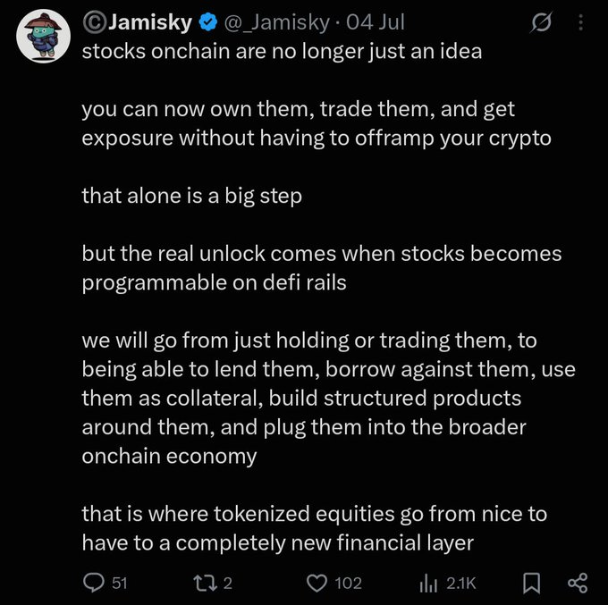 Twitter/X post by @_Jamisky stating 'stocks onchain are no longer just an idea' and discussing how tokenized equities will become programmable on DeFi rails for lending, borrowing, and collateral use.