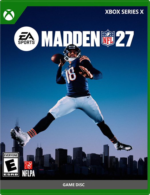 The cover art for the Xbox Series X version of the video game 'Madden NFL 27' by EA Sports, featuring a Chicago Bears quarterback in mid-throw against a city skyline.
