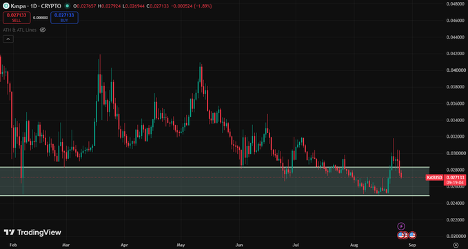 A TradingView candlestick chart of Kaspa (KAS/USD) on the 1D timeframe shows the price hovering around $0.027, hovering within a highlighted support zone between approximately $0.025 and $0.029, suggesting a potential bottom for the crypto asset. The chart spans February through September, illustrating the recent decline and consolidation that the post references as a buying opportunity.