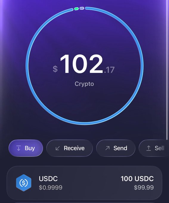 A mobile app screen shows a crypto balance of $102.17 labeled "Crypto," with 100 USDC held at $0.9999 ($99.99), alongside Buy, Receive, Send, and Sell action buttons. The screenshot illustrates the poster's excitement about receiving a sign-up bonus from Maxxed, with the $102.17 balance likely representing their newly rewarded funds.