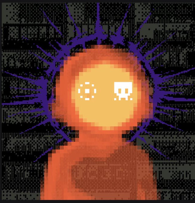 A pixel art illustration of an orange silhouetted figure with numbers for a face, surrounded by purple electricity on a dark background.