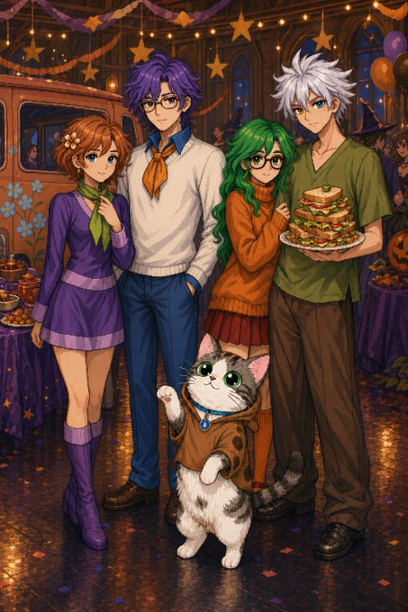 Anime-style illustration of four characters at a Halloween party with a cat, featuring colorful costumes, star decorations, and food including a stacked sandwich.