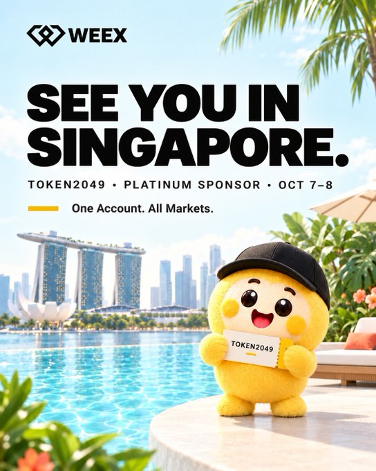 A promotional WEEX poster features a yellow mascot wearing a black cap and holding a "TOKEN2049" sign against a Singapore skyline backdrop, announcing WEEX's Platinum Sponsorship of TOKEN2049 on October 7–8 with the tagline "One Account. All Markets." The image ties into the WEEX × TOKEN2049 Meme Challenge by showcasing the official branding and mascot that participants can incorporate into their AI-generated designs.