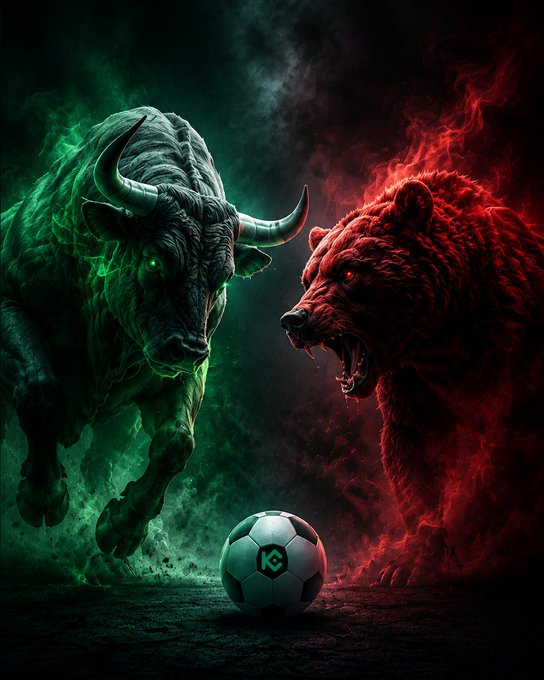 A green-glowing bull and a red-glowing bear face off intensely around a soccer ball bearing the "K8" logo, visually representing the eternal battle between bulls and bears. The image ties to the post's message by suggesting that the true contest of market forces happens off the pitch, with traders choosing either the bullish or bearish side.