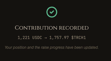 Confirmation screen reading 'CONTRIBUTION RECORDED' showing a transaction of 1,221 USDC → 1,757.97 $TRCH1, noting that position and raise progress have been updated.