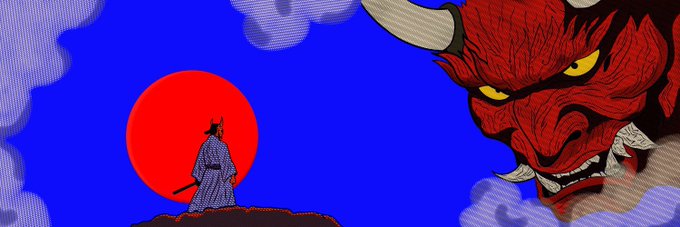 A stylized illustration depicts a samurai in traditional robes standing against a large red sun on a cliff, while a menacing red oni (Japanese demon) face looms in the upper right against a blue sky with stylized clouds. The dramatic artwork serves as a promotional banner for the Kredoos crypto giveaway, using the imagery of a lone warrior facing a formidable foe to evoke a sense of epic challenge and reward.