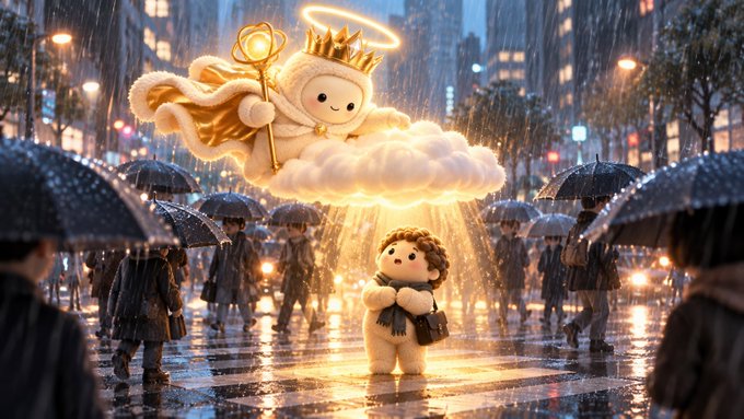 A whimsical digital artwork showing a cute, crowned angel character flying on a glowing cloud with a staff, accompanied by a small fluffy character on a rainy city street where people walk with umbrellas.
