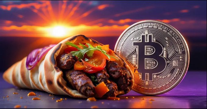 A stylized promotional image featuring a wrap filled with meat, tomatoes, and herbs next to a large physical Bitcoin, set against a vibrant sunset background.