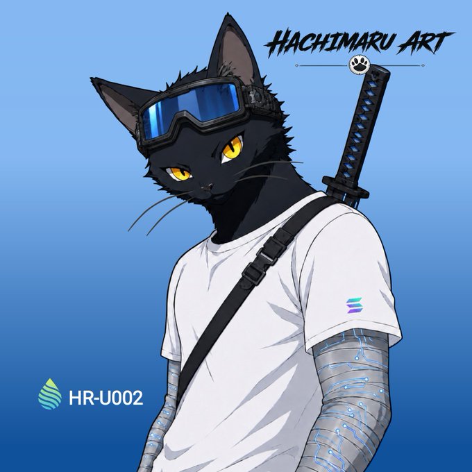 An anime-style black cat character wearing blue goggles on its head, a white t-shirt, and carrying a katana on its back; text reads 'HACHIMARU ART' and 'HR-U002' with a Solana logo.