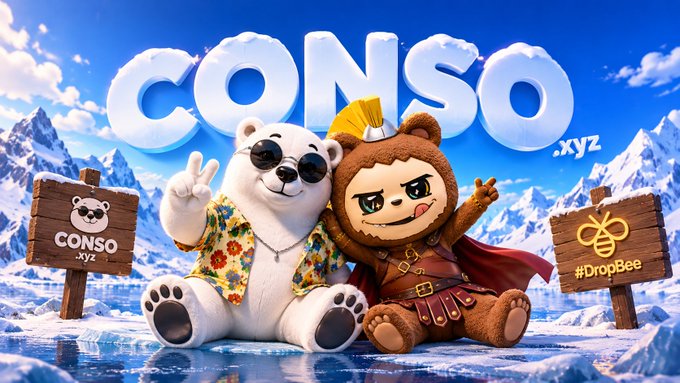 A 'CONSO.xyz' graphic featuring a polar bear in sunglasses and a bear gladiator character with a '#DropBee' sign in a snowy mountain setting.