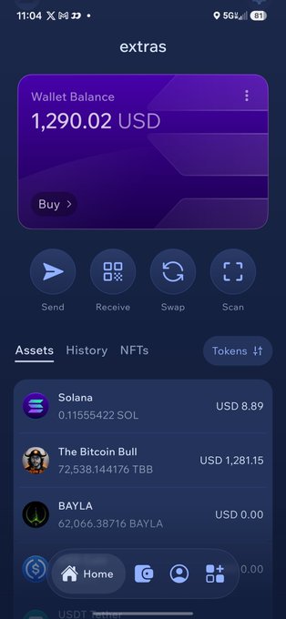 A mobile screenshot of a crypto wallet app named "extras" showing a Wallet Balance of "1,290.02 USD", with navigation options for Send, Receive, Swap, and Scan, and assets including Solana, The Bitcoin Bull, and BAYLA.