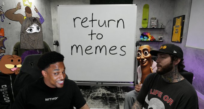 Two men sit in a room with a whiteboard reading "return to memes," along with a bear graphic, while wearing shirts including one branded "MTHD" and another with "LIFE OR" text, surrounded by meme-themed decor like a Jordan #23 jersey and cartoon figures, humorously illustrating the post's discussion of meme coin market dynamics on Solana and BSC networks.