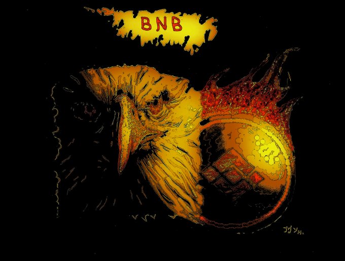 A stylized illustration of a crowned eagle clutching a shield emblazoned with the Binance logo, set against a black background with "BNB" displayed on a golden banner above. The artwork creatively personifies the Binance Coin (BNB) brand identity, blending the iconic yellow-and-black color scheme with regal, powerful imagery to evoke strength and dominance in the DeFi space.