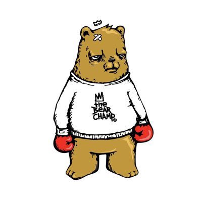 The image shows a cartoon brown bear wearing a white sweater with the text "I'M the BEAR CHAMP®," red boxing gloves, and a small crown above its head, with an "X" marking on its forehead. The bear's defiant, battle-ready look pairs with the post's message about how @JCRivera created a real-world character identity for the Bear Champ NFT, giving the project lasting cultural weight beyond market trends.