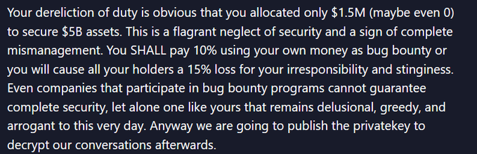 A screenshot of a threatening message demanding a 10% "bug bounty" payment ($1.5M from $5B assets) under the threat of publishing a private key, tied to a 2026 "Whitehat" post suggesting an ethical-hacker justification for the demand.