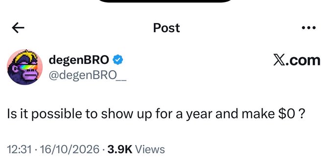 A screenshot of an X.com post by user 'degenBRO' (@degenBRO__) reading 'Is it possible to show up for a year and make $0 ?', timestamped 12:31 on 16/10/2026 with 3.9K Views.