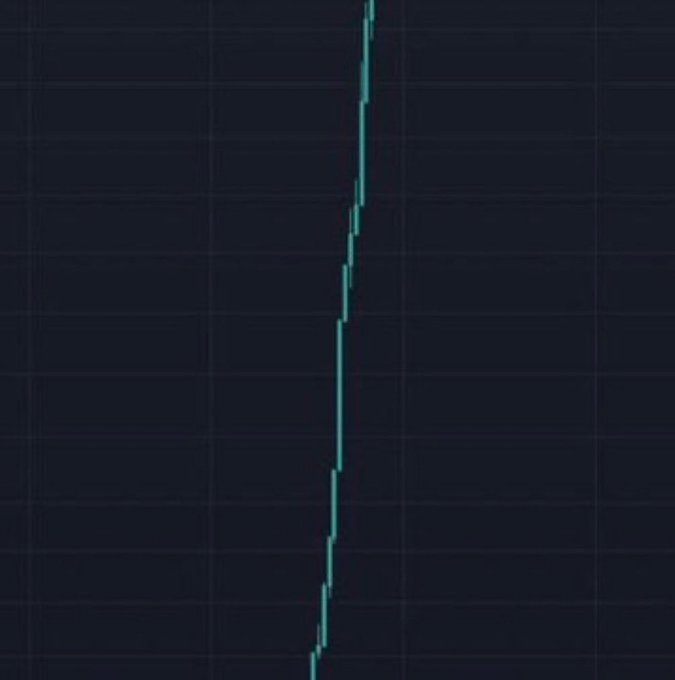 The image shows a nearly vertical line on a dark trading chart, indicating an extremely sharp, steep price spike with almost no horizontal movement—visually representing the massive multi-hundred-x gains claimed in the post for tokens like $CATE, $CASHCAT, $ANSEM, and $TOAD.