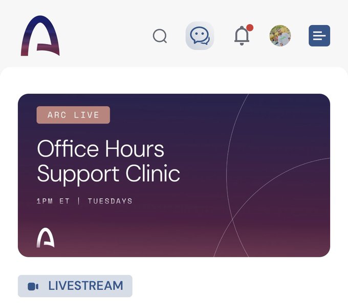 A website interface displays an 'ARC LIVE' banner for 'Office Hours Support Clinic' at '1PM ET | TUESDAYS' with a 'LIVESTREAM' button below.