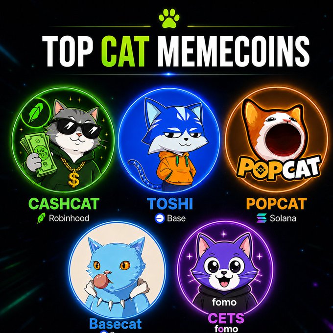 A graphic titled 'TOP CAT MEMECOINS' showcasing five cat-themed cryptocurrency logos: CASHCAT, TOSHI, POPCAT, Basecat, and CETS.