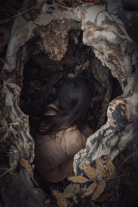 This image features a person with long dark hair nestled within the hollow of a textured tree trunk, part of the "Forest Spirit" series. The composition uses the organic, decaying forms of the wood to frame the subject, illustrating the theme of "Plants as form."