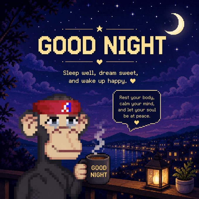 A pixel-art monkey wearing a red beanie holds a steaming "GOOD NIGHT" mug on a balcony overlooking a starlit cityscape, with text reading "GOOD NIGHT — Sleep well, dream sweet, and wake up happy" and a speech bubble saying "Rest your body, calm your mind, and let your soul be at peace." The image appears unrelated to the post about @RiverdotInc and cross-chain stablecoins, functioning instead as a generic "good night" graphic that contrasts with the crypto/liquidity messaging of the caption.