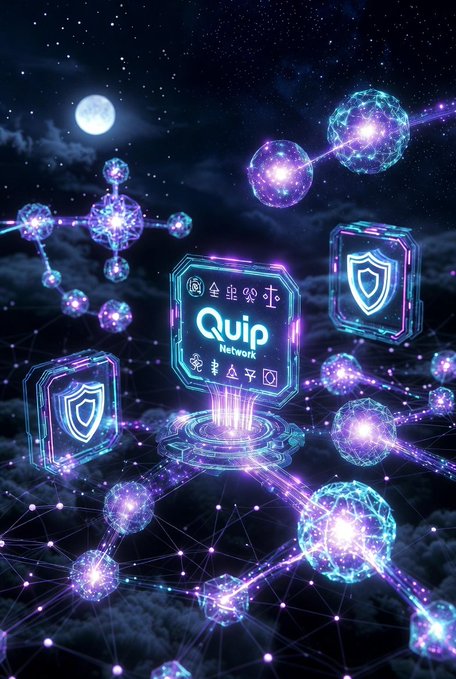 The image features a futuristic scene with a purple background that includes various neon squares and lines, possibly representing different elements or symbols within the digital world. The text "quip" can be seen as well, which might be related to the network's name or its purpose in this context. The overall atmosphere of the image suggests an exploration into the future of technology and the potential impact of quantum computing on networks and data security.