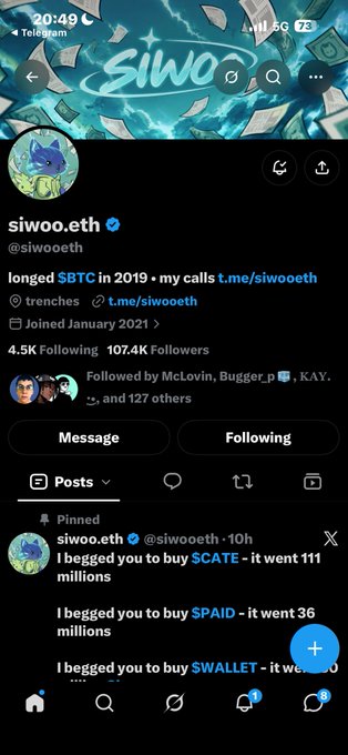A mobile Twitter/X screenshot of the @siwooeth profile (siwoo.eth), showing their bio mentioning being 'longed $BTC in 2019' and pinned tweets about begging people to buy $CATE, $PAID, and $WALLET, with a Twitter blue checkmark.
