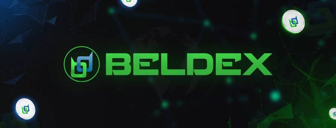 Logo/branding image for 'BELDEX' cryptocurrency displayed in green text with a network node graphic on a dark background.
