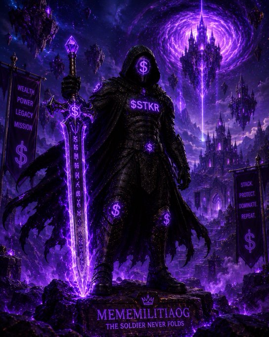A dark fantasy digital artwork depicting a hooded armored figure with '$STKR' on its chest, holding a glowing purple sword emblazoned with dollar signs, standing before a gothic castle, labeled 'MEMEMILITIAOG - THE SOLDIER NEVER FOLDS'.