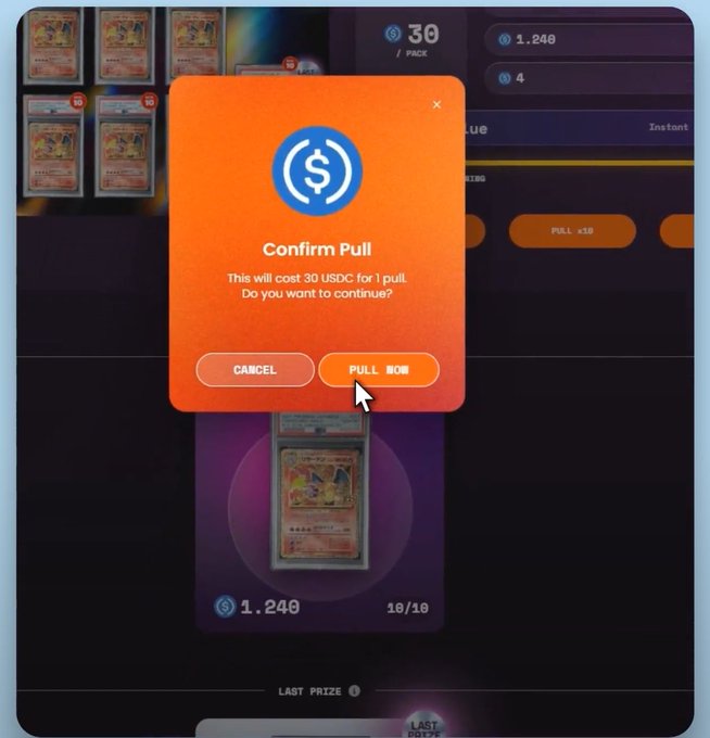 "This image depicts a 3D rendering of a Pokemon trading card on a screen, along with an overlay that reads 'Confirm Pull'. The Pokemon card has a unique color scheme of red and blue, and features several other Pokemon cards as well."
