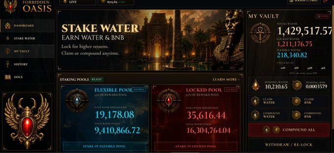 A screenshot of the 'FORBIDDEN OASIS' cryptocurrency staking dashboard showing 'STAKE WATER', 'MY VAULT' with values like '1,429,517.57', and staking pools for 'FLEXIBLE POOL' and 'LOCKED POOL'.