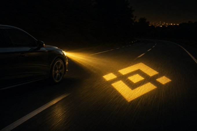 A dark car on a winding nighttime road projects a glowing golden **Binance logo** onto the asphalt from its headlights, symbolizing the "gm!" crypto greeting as a beacon lighting the way.
