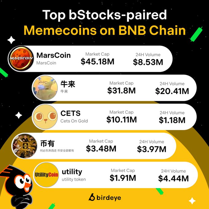 The image displays an infographic titled "Top bStocks-paired Memecoins on BNB Chain," ranking the top 5 tokens by market cap and 24-hour volume: MarsCoin ($45.18M market cap, $8.53M volume), 牛来 ($31.8M/$20.41M), CETS ($10.11M/$1.18M), 币有 ($3.48M/$3.97M), and utility ($1.91M/$4.44M), created by Birdeye. The chart visually reinforces the accompanying post by showing the exact market cap figures for each listed memecoin in a clean, ranked format.