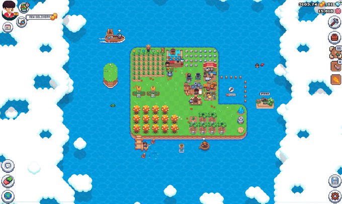 A pixel-art farming game screenshot showing a small island with crops, trees, and a character named 'TR2 DELIVERY' surrounded by water and ice.