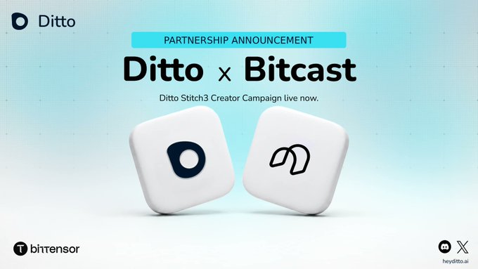 A partnership announcement graphic for 'Ditto x Bitcast', featuring two white rounded cubes with their respective logos against a light blue background.