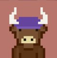 A pixel art image of a brown bull or minotaur wearing a purple cap with white horns serves as the NFT prize awarded to the winner of the giveaway.