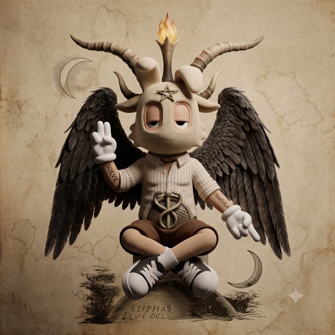 A surreal illustration of a Baphomet-like figure with a horned animal skull head featuring a pentagram on the forehead and a flame on top, wearing a striped shirt with white gloves (one making a peace sign, one pointing), brown shorts, and black feathered wings, sitting cross-legged on aged parchment with crescent moons and the text 'CLIPHAS LEVI DEL' below.