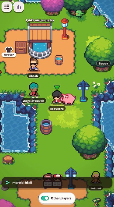 A pixel-art multiplayer game showing characters with usernames like "xbash," "Boppa," "sebycero," and "AngeloFaweoh" in a village setting with a "1,443 wishes today" counter.