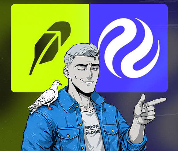 A cartoon illustration of a man in a 'MOON FLOOR' shirt with a white dove on his shoulder, pointing at two large crypto logos behind him.