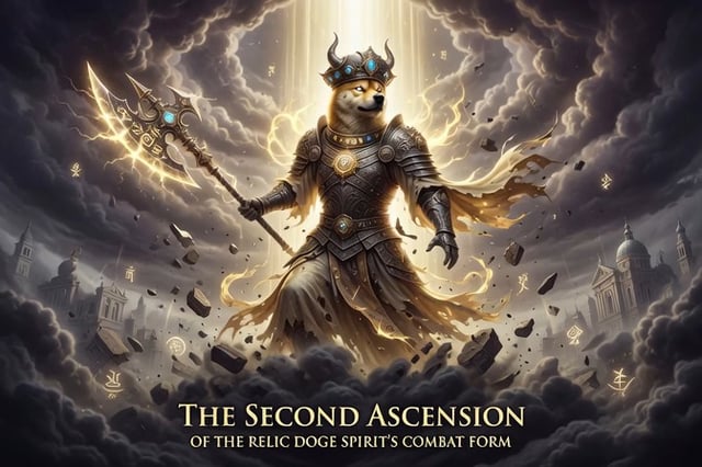 A fantasy artwork titled 'THE SECOND ASCENSION OF THE RELIC DOGE SPIRIT'S COMBAT FORM,' depicting an armored Shiba Inu wielding a glowing golden spear and crown, surrounded by stormy clouds and magical runes.