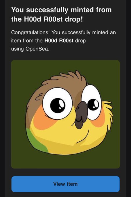 A confirmation notification from OpenSea reads "You successfully minted from the H00d R00st drop!" alongside a cartoon bird character with large eyes and yellow-and-brown plumage, paired with a "View item" button. The image celebrates the user's successful mint claim in the sold-out Hood Roost NFT drop, which they completed in just 2 seconds.