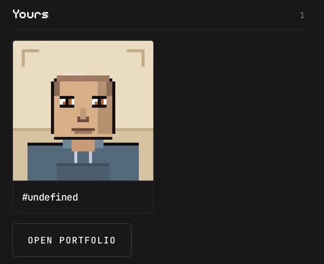 A digital profile card displays a pixelated avatar of a person wearing a hoodie, labeled "Yours" at the top and "#undefined" below, with an "OPEN PORTFOLIO" button. The image appears to be from the @zaddrnet NFT minting platform, showcasing a user's freshly minted profile NFT in response to the post asking "did you mint yours?"