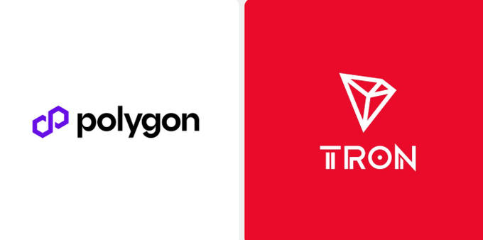 Side-by-side logos of Polygon on a white background and TRON on a red background.