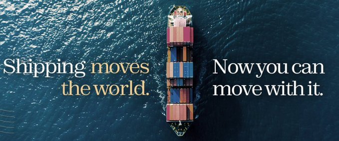 An aerial view of a container ship at sea with the text 'Shipping moves the world.' on the left and 'Now you can move with it.' on the right.