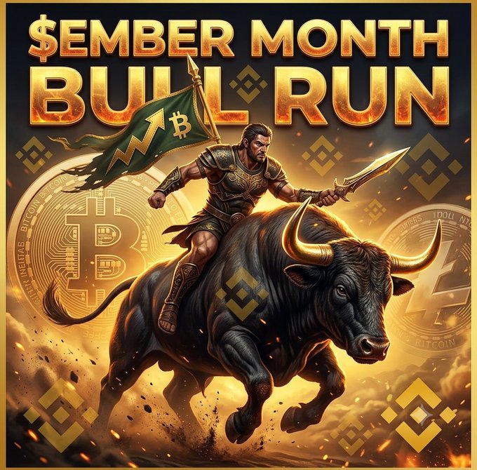 A dramatic digital illustration titled '$EMBER MONTH BULL RUN' showing an armored warrior brandishing a sword and a Bitcoin flag while riding a charging black bull, surrounded by golden crypto coin imagery.