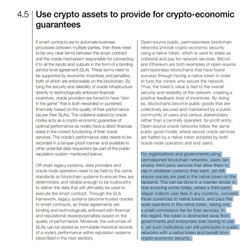 The image displays a section of a document with the heading "4.5 Use crypto assets to provide for crypto-economic guarantees," outlining regulatory principles for smart contracts, permissionless blockchains, and decentralized oracles, advocating for legal frameworks that support blockchain technology and recognize native tokens like $LINK. It aligns with the accompanying post by emphasizing the need for legislation and administration to establish rules that support the Protocol Economy, particularly through crypto-economic guarantees secured by Chainlink ($LINK).
