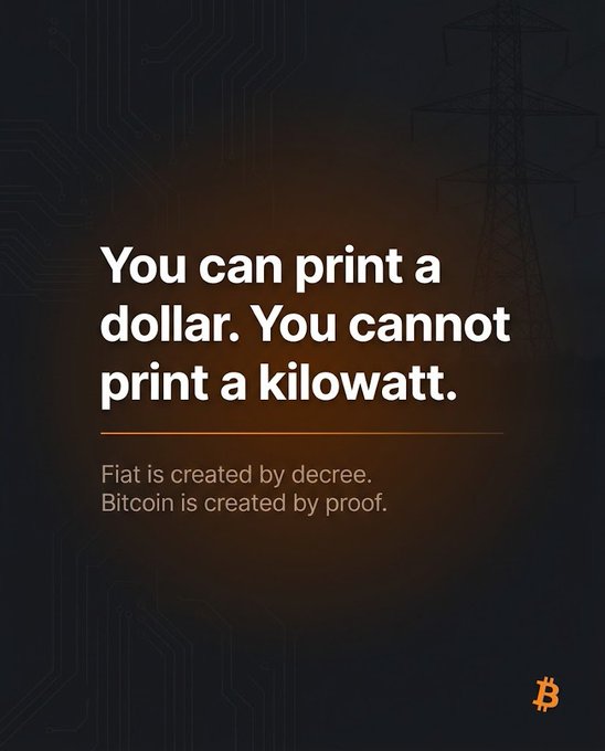 The image features a black background with white text. The text reads "You can print a dollar. You cannot print a kilowatt. Every Bitcoin that exists is backed by real energy already spent. Work that actually happened. Electricity that was actually burned to secure the network." This quote seems to be related to Bitcoin, as it highlights its connection to energy consumption and the importance of verifying transactions.